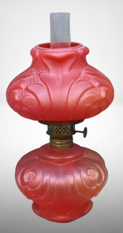 Ruby red satin glass miniature oil lamp