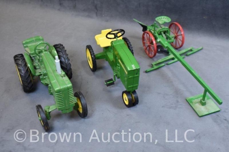 (3) John Deere die-cast toys incl. "M" tractor, pedal tractor and horse-drawn plow