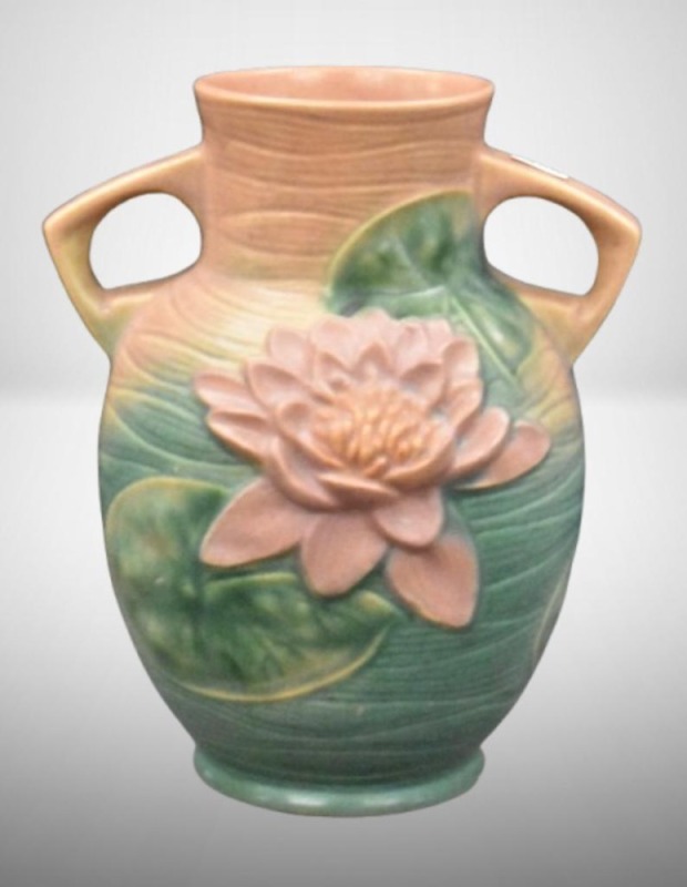 Roseville Water Lily 77-8" vase, pink/ green