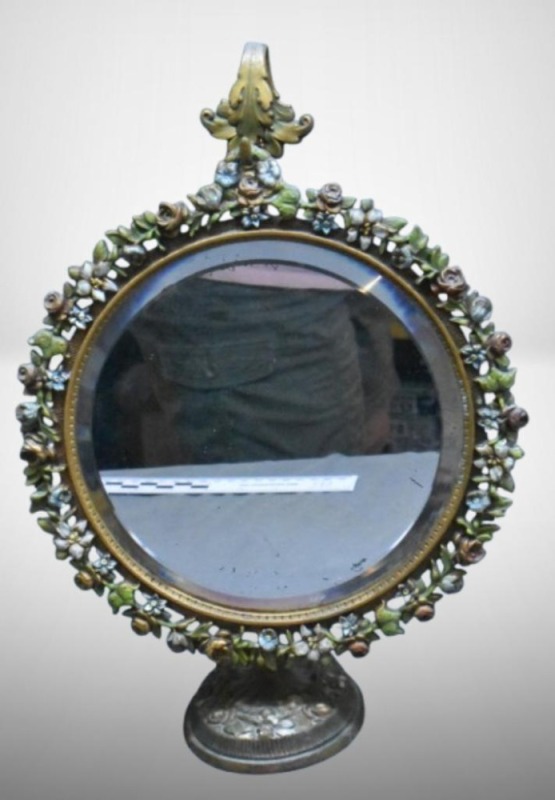 Mid Century vanity beveled mirror on hanging stand embelisshed w/ roses