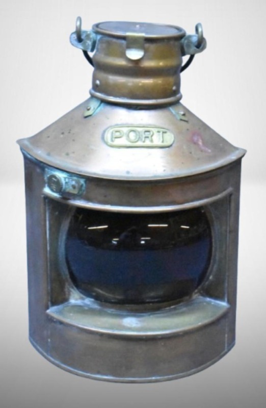 "Port" brass ship's navigation lamp w/ handle, ruby red glass