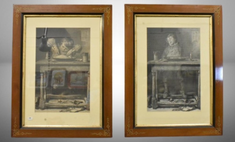 (2) 1877 magazine prints - Boy Falls asleep at the Table; Boy Tackles a Giant pie