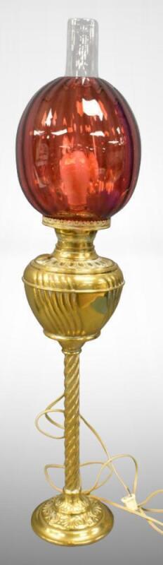 Elec. Brass oil parlor 30" tall lamp w/ cranberry shade