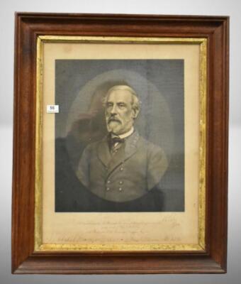 Framed picture of Gen. Robert E. Lee w/ info and signatures at bottom