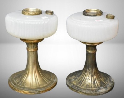 (2) Aladdin Model B Queen lamps, both white moonstone with silver bases