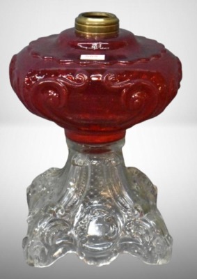 Princess Feather EAPG ruby red oil lamp with clear base