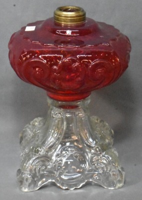 Princess Feather EAPG ruby red oil lamp with clear base - 4