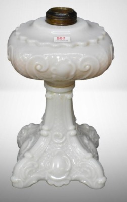 Princess Feather EAPG milk-glass oil lamp