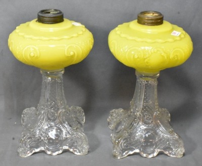 (2) Princess Feather kerosene lamp stands, cased lemon yellow font/ colorless base - 2