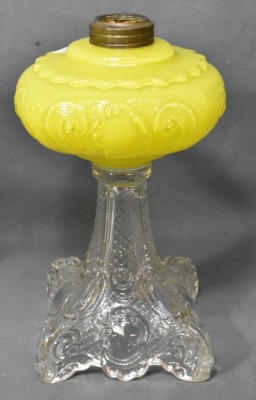 (2) Princess Feather kerosene lamp stands, cased lemon yellow font/ colorless base - 6