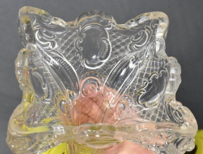 (2) Princess Feather kerosene lamp stands, cased lemon yellow font/ colorless base - 10