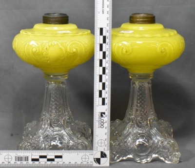 (2) Princess Feather kerosene lamp stands, cased lemon yellow font/ colorless base - 11