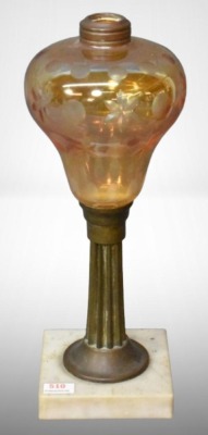 Amber Cut-to-Clear oil lamp on fluted brass column and marble base