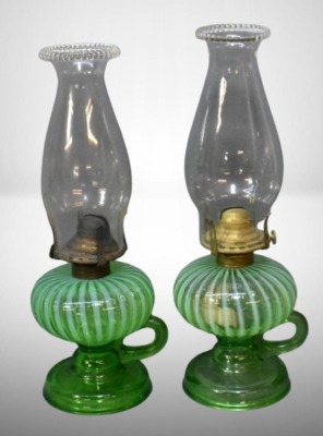 (2) Sheldon Swirl Green Opalescent finger lamps on pedestals