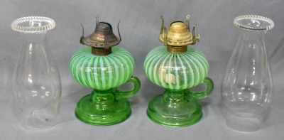 (2) Sheldon Swirl Green Opalescent finger lamps on pedestals - 2