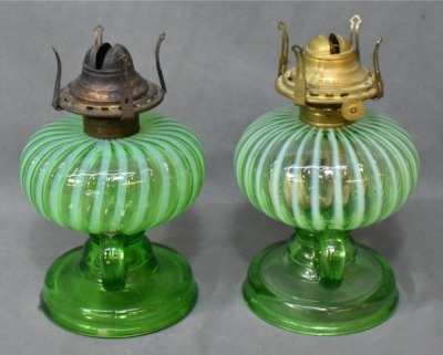 (2) Sheldon Swirl Green Opalescent finger lamps on pedestals - 3