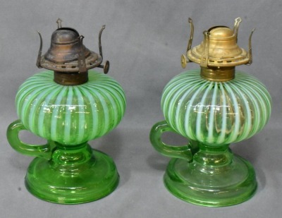 (2) Sheldon Swirl Green Opalescent finger lamps on pedestals - 4