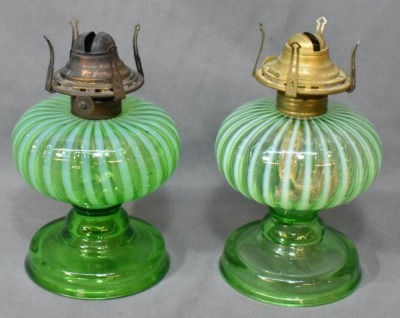 (2) Sheldon Swirl Green Opalescent finger lamps on pedestals - 5
