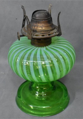 (2) Sheldon Swirl Green Opalescent finger lamps on pedestals - 6