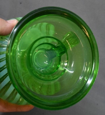 (2) Sheldon Swirl Green Opalescent finger lamps on pedestals - 7
