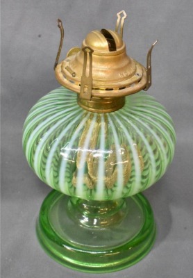 (2) Sheldon Swirl Green Opalescent finger lamps on pedestals - 10
