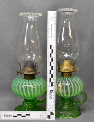 (2) Sheldon Swirl Green Opalescent finger lamps on pedestals - 14