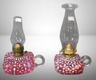 (2) Hobbs Snowflake Cranberry Opalescent finger lamps