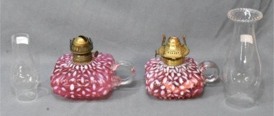 (2) Hobbs Snowflake Cranberry Opalescent finger lamps - 2