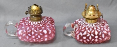 (2) Hobbs Snowflake Cranberry Opalescent finger lamps - 4