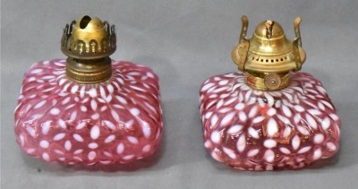 (2) Hobbs Snowflake Cranberry Opalescent finger lamps - 5