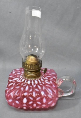 (2) Hobbs Snowflake Cranberry Opalescent finger lamps - 6