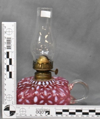 (2) Hobbs Snowflake Cranberry Opalescent finger lamps - 9