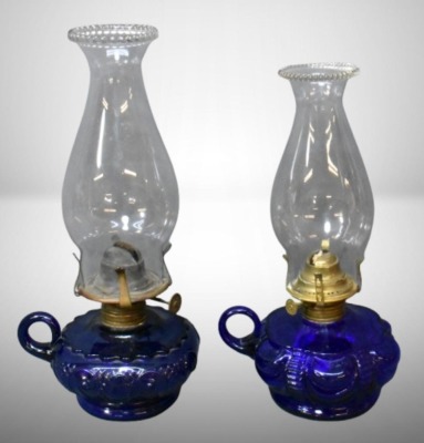 (2) Cobalt blue finger oil lamps: Princess Feather and Coolidge Drage