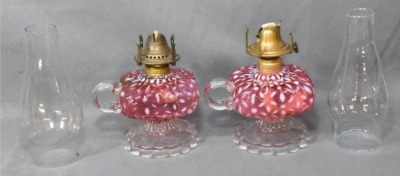 (2) Hobbs Snowflake Cranberry Opalescent finger lamps on pedestals - 2