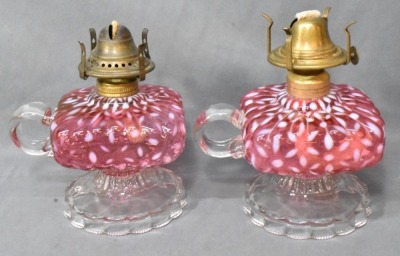 (2) Hobbs Snowflake Cranberry Opalescent finger lamps on pedestals - 3