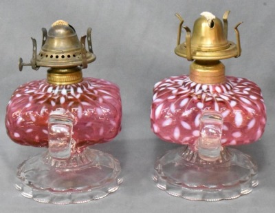 (2) Hobbs Snowflake Cranberry Opalescent finger lamps on pedestals - 4