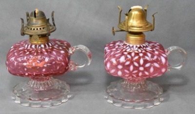 (2) Hobbs Snowflake Cranberry Opalescent finger lamps on pedestals - 5