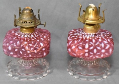 (2) Hobbs Snowflake Cranberry Opalescent finger lamps on pedestals - 6