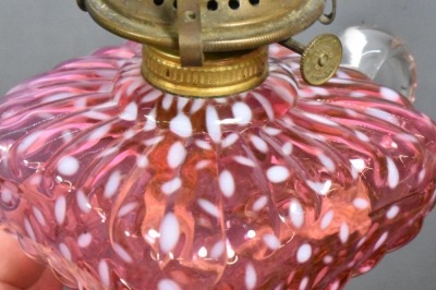 (2) Hobbs Snowflake Cranberry Opalescent finger lamps on pedestals - 8