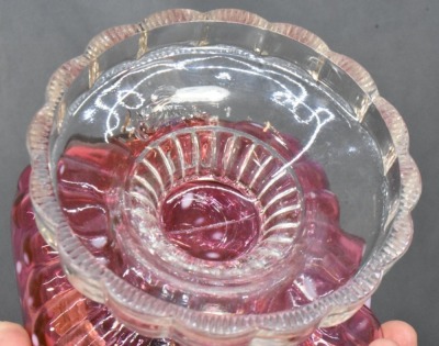 (2) Hobbs Snowflake Cranberry Opalescent finger lamps on pedestals - 9