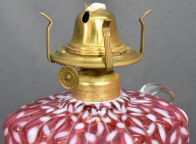 (2) Hobbs Snowflake Cranberry Opalescent finger lamps on pedestals - 10