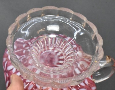 (2) Hobbs Snowflake Cranberry Opalescent finger lamps on pedestals - 12