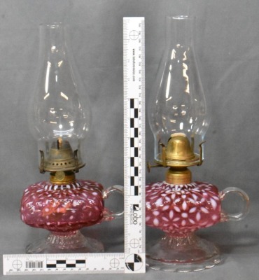 (2) Hobbs Snowflake Cranberry Opalescent finger lamps on pedestals - 13