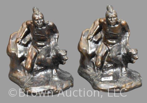 Pair of bronzed clad Indian Scout w/ dog sculpture bookends