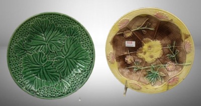 (2) English Majolica 7.5"d pcs: green plate, leaves and basketweave pattern; shalow bowl, flowers