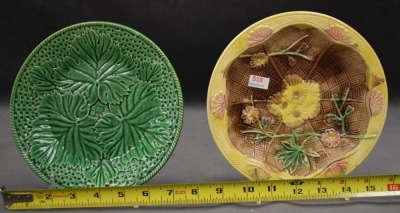(2) English Majolica 7.5"d pcs: green plate, leaves and basketweave pattern; shalow bowl, flowers - 6