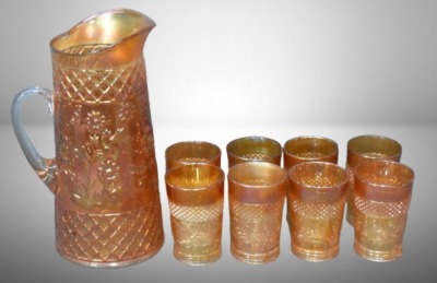 Dugan Carnival Glass Daisy Lattice 9 pc. water set, marigold