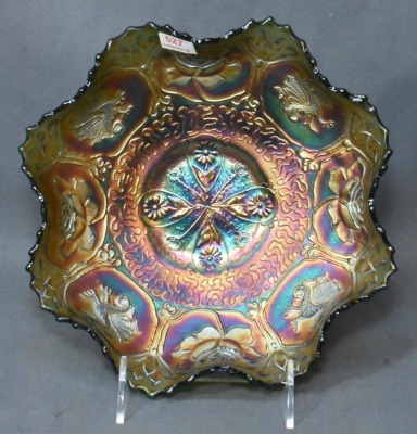 Fenton Carnival Glass Dragon and Lotus ruffled bowl, green - 2