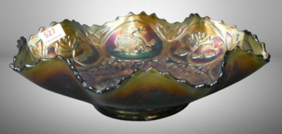 Fenton Carnival Glass Dragon and Lotus ruffled bowl, green - 4