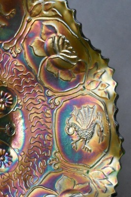 Fenton Carnival Glass Dragon and Lotus ruffled bowl, green - 5